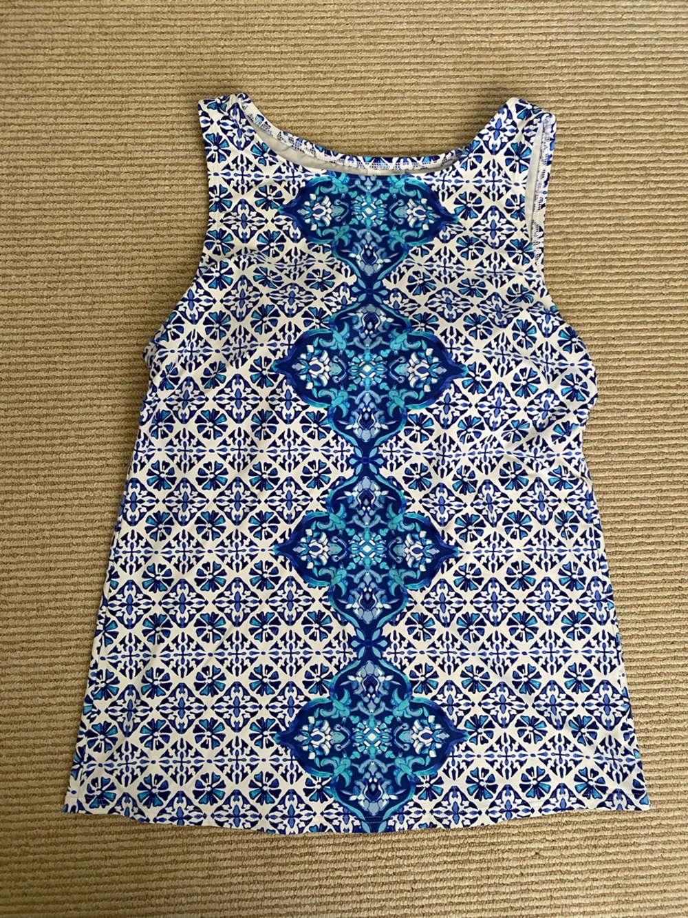 Lands' End High Neck Tankini Top Blue & White Tile-Print Size 10 Long